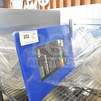 3 brand new scratch-and-dent items: 18"x12"x1/2" blue polyethylene cutting board by Choice, and 12.25"x14"x6.5" fryer sediment tray.