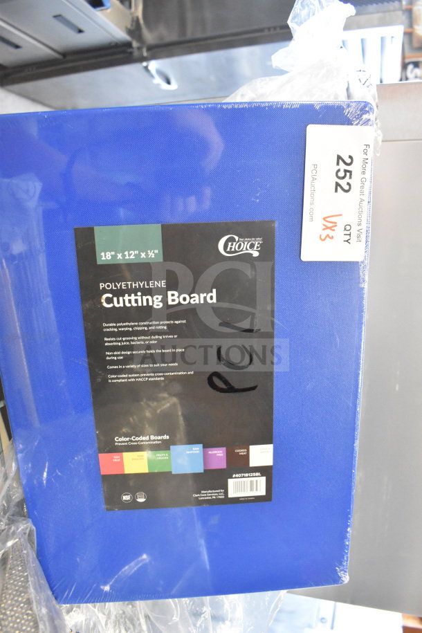 Blue Choice 18" x 12" x 1/2" polyethylene cutting board, model 40718125BL. New condition, part of 3-item auction set.