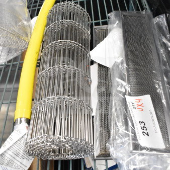 4 new items: Alto-Shaam 5024003 side vector air filter, conveyor belt, hose. Includes tags with auction details.