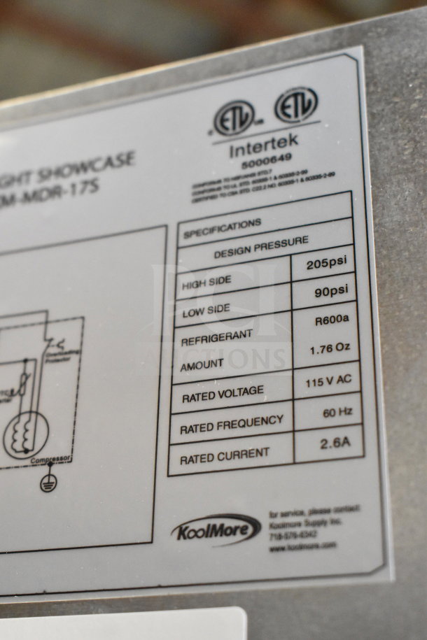 Brand new KoolMore KM-MDR-17S, 17 in. slim commercial merchandiser refrigerator, 7 Cu. Ft., specifications label shown.