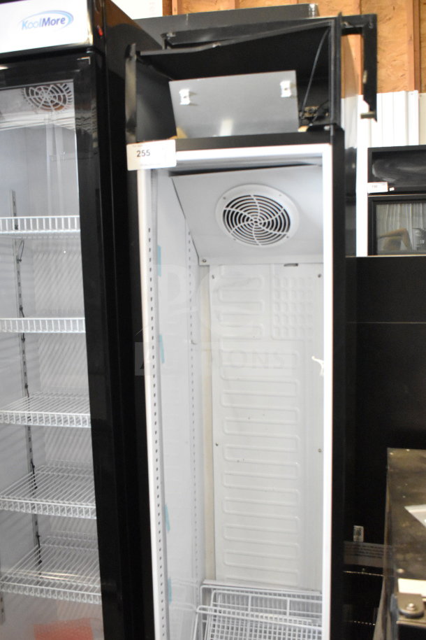 Galaxy 177GDN5RBB merchandiser refrigerator, black, new scratch and dent, missing door, with shelves and LED lighting.