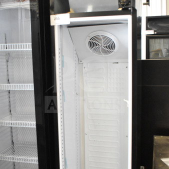 Galaxy 177GDN5RBB merchandiser refrigerator, black, new scratch and dent, missing door, with shelves and LED lighting.
