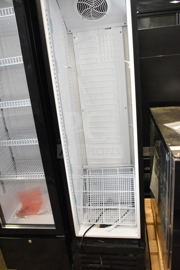 Galaxy 177GDN5RBB merchandiser refrigerator, black, swing glass door missing, with red, white, and blue LED lighting.