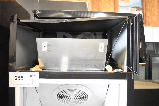 Galaxy 177GDN5RBB commercial refrigerator, black, missing door, with LED lighting and fan visible. Scratch and dent condition.