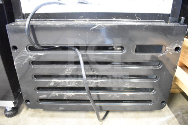 Galaxy 177GDN5RBB merchandiser refrigerator back panel. Black, missing door. Red, white, and blue LED lights. Scratch and dent condition.