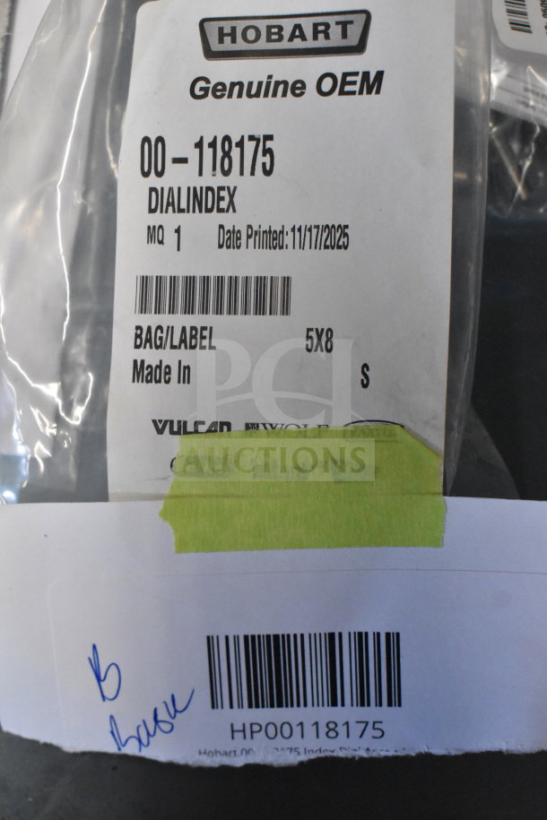 Hobart 00-118175 Index Dial Assembly package with visible tag showing part and model numbers. Brand new condition.