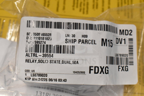 Label showing shipping details for Alto-Shaam RL-39554, Solid State Dual Relay, 50A, brand new condition.