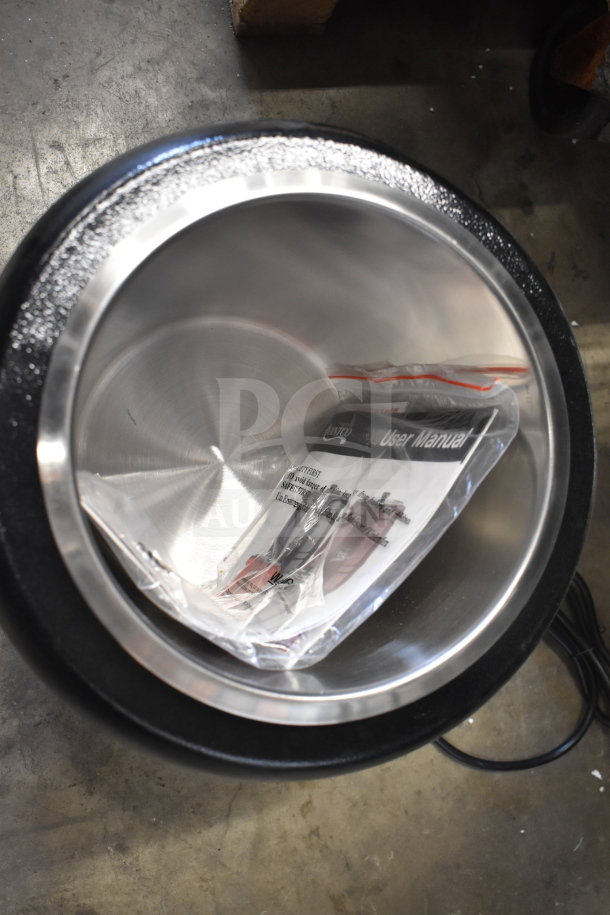 Brand new Avantco S30 11 Qt. black soup kettle warmer, 120V, with user manual inside. Some minor scratches visible.