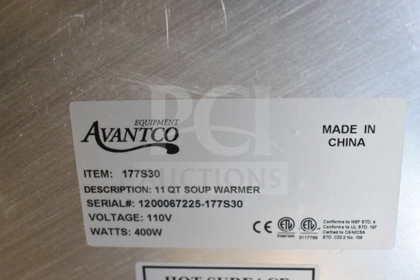 Alt text: Avantco S30 11 Qt. Soup Kettle Warmer label showing model 177S30, 110V, 400W, and "Made in China."