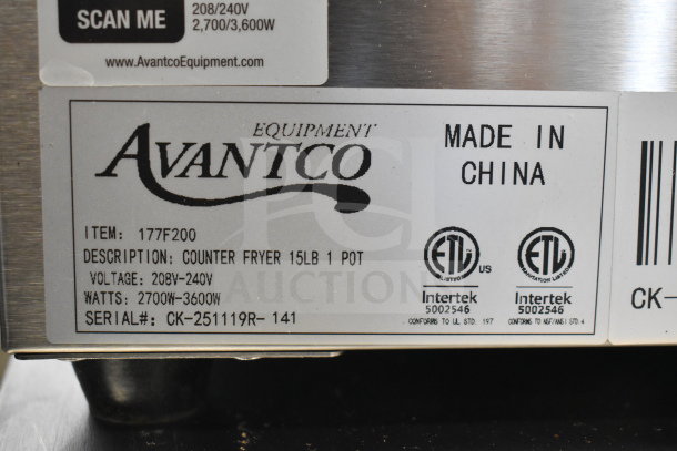 Avantco 177F200 15 lb. countertop fryer label, 208-240V, 2700-3600W, 1 phase, ETL certified, made in China.