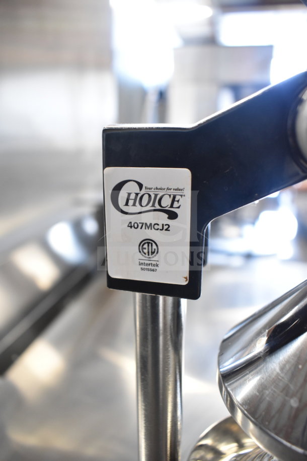 BRAND NEW Choice 407MCJ2 Heavy-Duty Citrus Juicer, manual, scratch and dent, ETL certified label visible.
