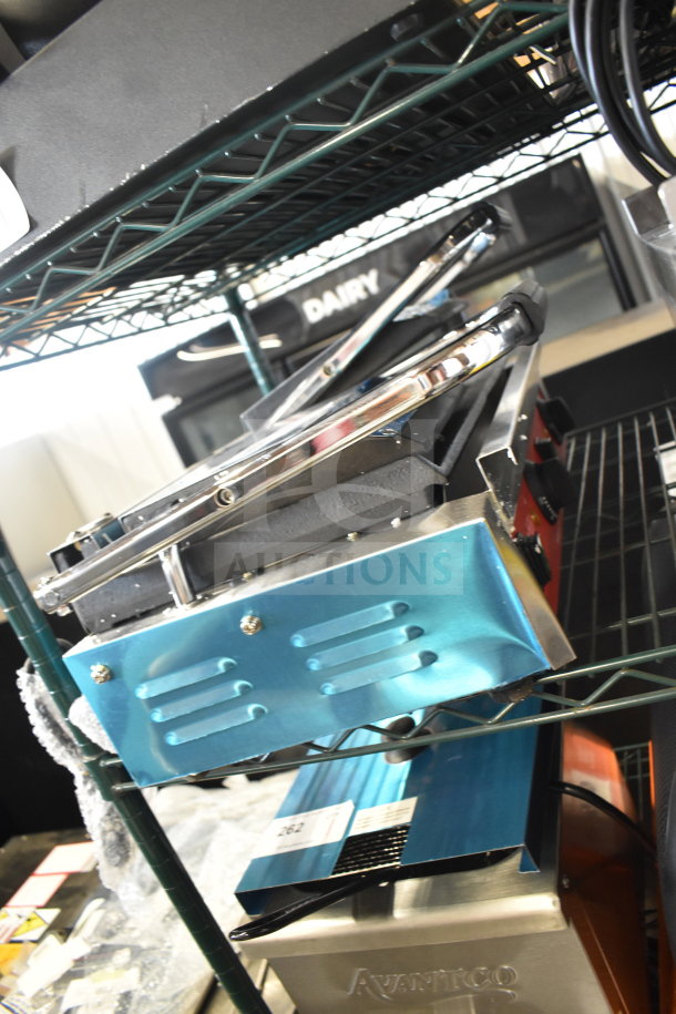 Avantco 177PG400S Commercial Panini Grill, 2025 model, dual smooth plates, 19 5/8" x 9 1/8" surface, 120V, new condition.