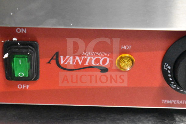 BRAND NEW Avantco 177PG400S dual panini grill, smooth plates, 19 5/8" x 9 1/8" surface, 120V, some cosmetic scratches.