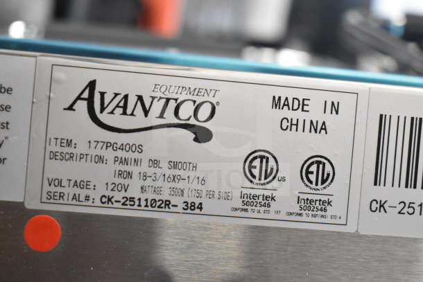 Label on Avantco 177PG400S Panini Grill, indicating model, voltage, and ETL certification. Made in China.