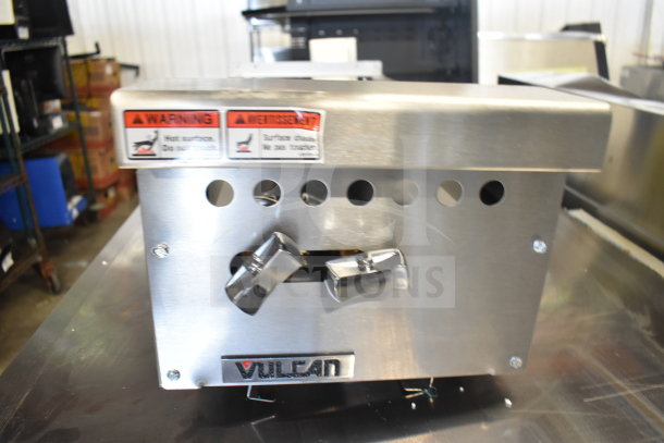 BRAND NEW Vulcan VCRH12-1 12" 2 Burner Countertop Range, 50,000 BTU, natural gas, with warning stickers visible.