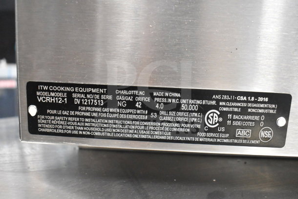 Brand new Vulcan VCRH12-1 2-burner countertop range, 50,000 BTU, natural gas. Scratch and dent model with detailed label shown.