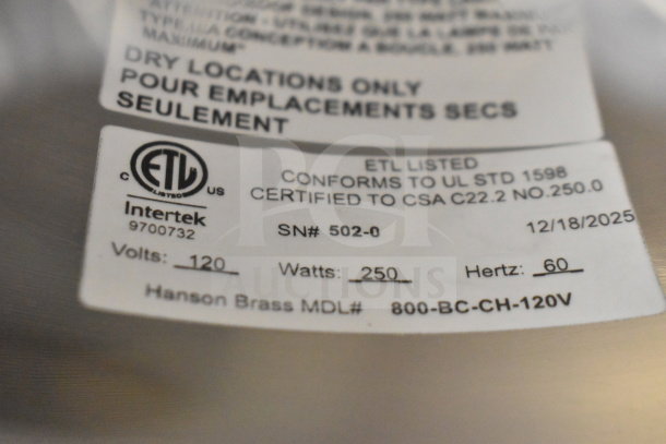 Hanson Heat Lamps 800-BC-CH ceiling mount, 120V, 250W. ETL listed, Intertek certified. New scratch and dent condition.