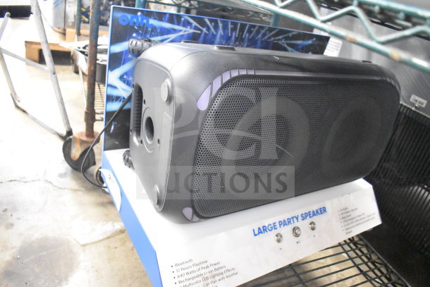 Onn large party speaker on store display. Features Bluetooth, 12-hour playtime, 640 watts, LED lighting effects.