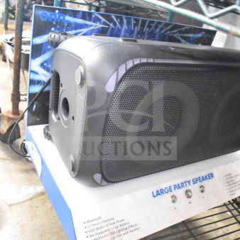 Onn large party speaker on store display. Features Bluetooth, 12-hour playtime, 640 watts, LED lighting effects.