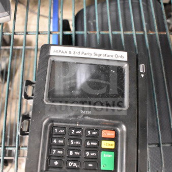 Four Ingenico ISC250 credit card readers, good condition, visible keypad and screen, labeled "HIPAA & 3rd Party Signature Only."