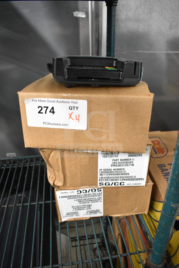 Ingenico ISC250 credit card reader, model PRG30312971R, shown on labeled boxes, auction quantity x4.