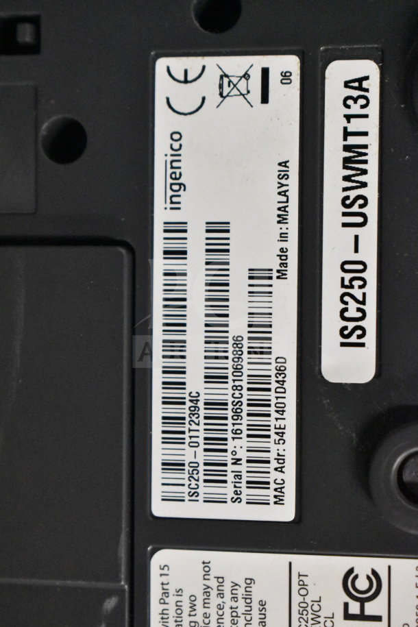 Ingenico ISC250 credit card reader label; details model ISC250-USWMT13A, serial number, and made in Malaysia.