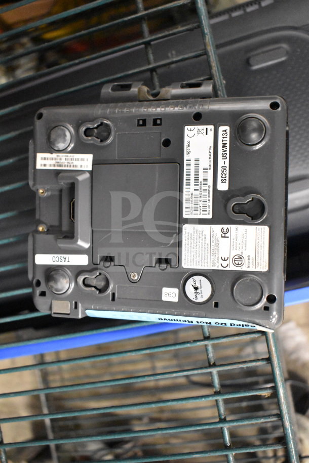 4 Ingenico ISC250 credit card readers, undercarriage view showing serial labels and connectors, in fair condition.