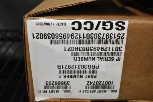 Cardboard box with label showing serial and part numbers for Ingenico ISC250 credit card reader, dated 17/06/2025.