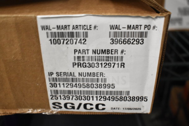 Ingenico ISC250 credit card reader package with label showing Walmart article and PO numbers, part number, and serial number.