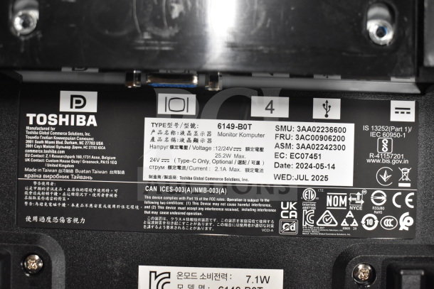 Toshiba monitor label showing model 6149-B0T details, voltage 12/24V, and compliance markings.