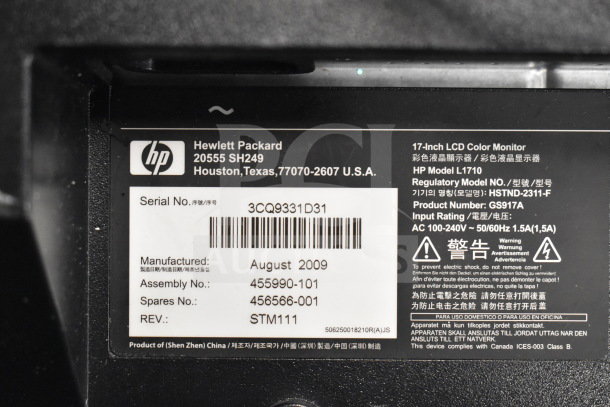 HP L1710 monitor label showing serial number 3CQ9331D31, manufactured August 2009, includes regulatory and input details.