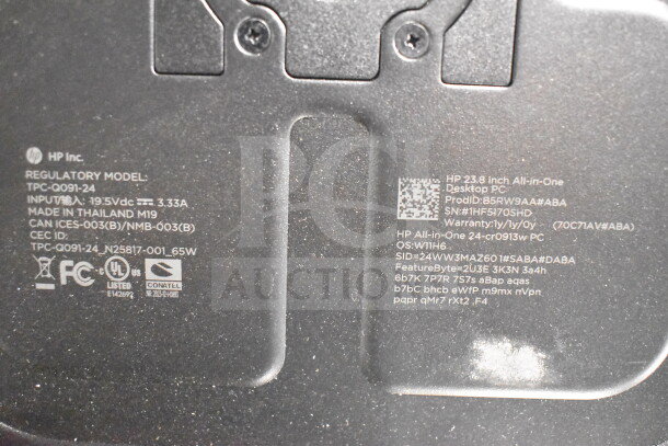 8 monitors including Toshiba, HP, Onn. Model: HP TPC-Q091-24. Features 23.8" all-in-one screen. Made in Thailand.