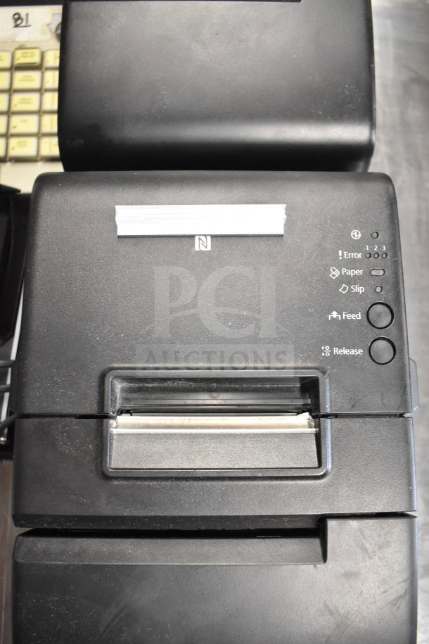 Black receipt printer with NFC symbol, error, paper, slip, feed, and release indicators visible. Part of 15 item auction.
