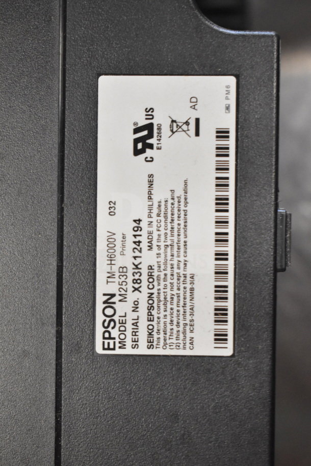 Epson TM-H6000V printer label; Model: M253B, Serial No: X83K124194. 15-item auction bundle includes Toshiba monitors, telephone.