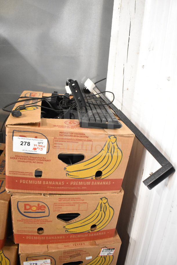 Various office equipment including a receipt printer, keyboard, cash drawer insert, and credit card reader on boxes. Auction lot 278.