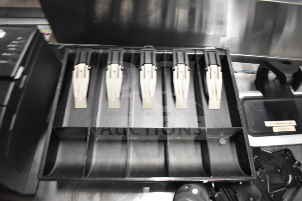 Cash drawer insert with five compartments, part of a lot including receipt printer, keyboard, and credit card reader.