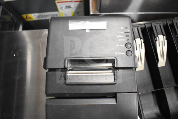 Receipt printer with control buttons, part of 15 mixed items for auction including keyboard, card reader, and cash drawer insert.