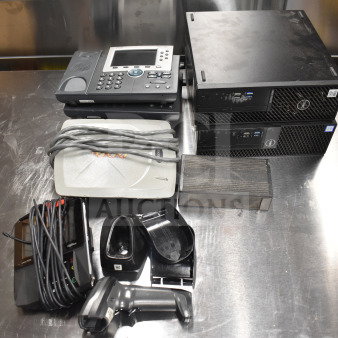 12 mixed items including Dell computer towers, corded office phones, credit card reader, cables. Auction lot, good condition.