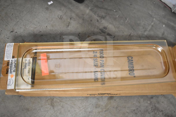 Box of Cambro 20LPHPC150 H-Pan 1/2 Size Long Amber High Heat Flat Lids, new, durable plastic, visible product labels.