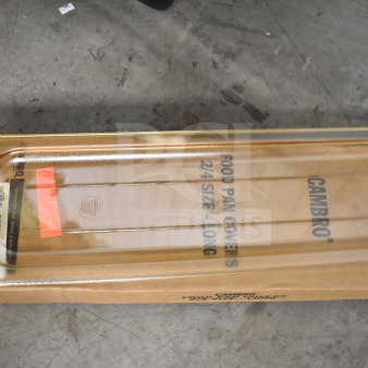 Box of Cambro 20LPHPC150 H-Pan 1/2 Size Long Amber High Heat Flat Lids, new, durable plastic, visible product labels.