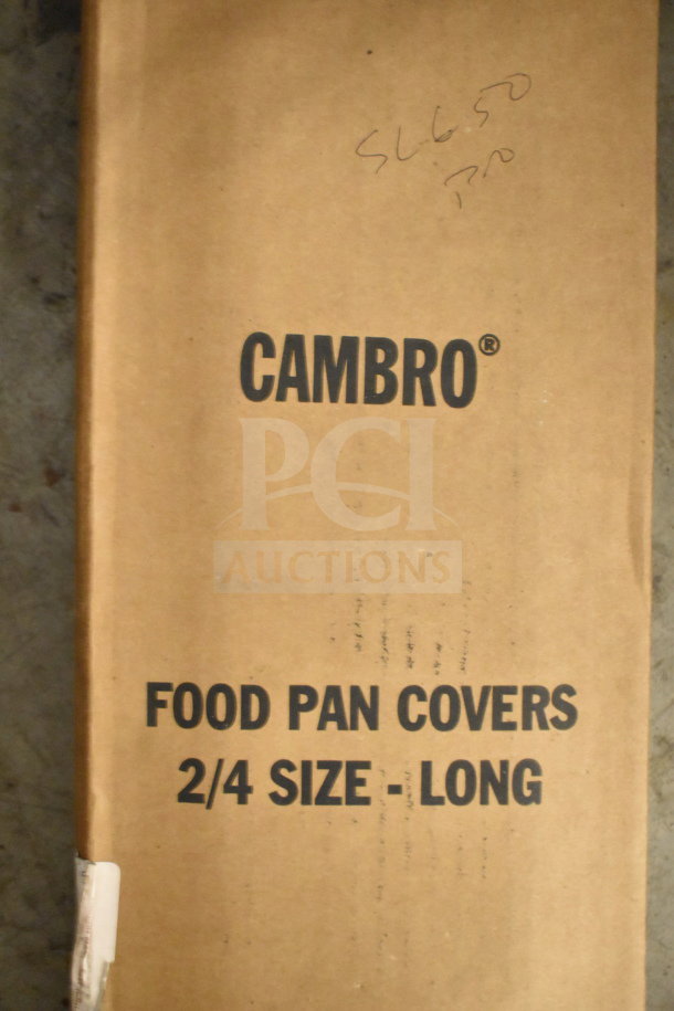 Box of Cambro 20LPHPC150 H-Pan 1/2 Size Long Amber High Heat Flat Lids, labeled as food pan covers, in original packaging.