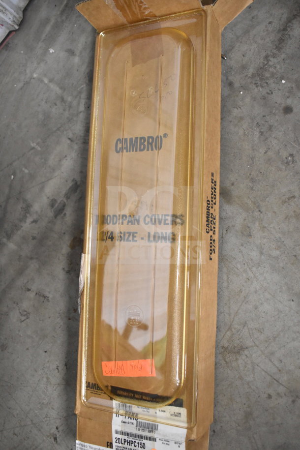 Box of Cambro 20LPHPC150 amber high heat flat lids, 1/2 size long, new condition, branding and size printed on lid.