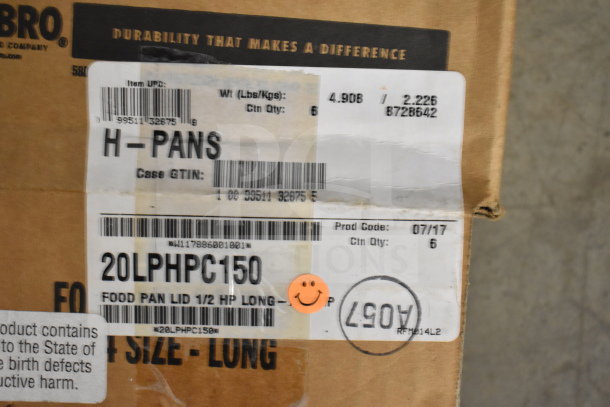Box of Cambro 20LPHPC150 H-Pan 1/2 Size Long Amber High Heat Flat Lids, 6 count, durable packaging with labels.