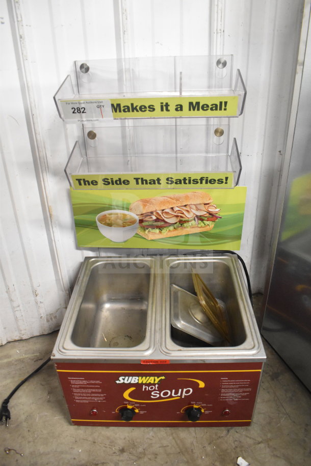 Nemco Countertop 2 Well Food Warmer, 120 Volts, 1 Phase, branded "Subway Hot Soup," features dual wells and control knobs.