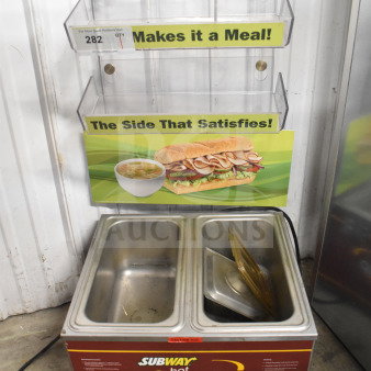 Nemco Countertop 2 Well Food Warmer, 120 Volts, 1 Phase, branded "Subway Hot Soup," features dual wells and control knobs.