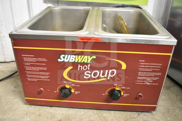 Nemco Countertop 2 Well Food Warmer, 120V, 1 Phase. Features dual temperature controls, labeled for "Subway hot soup."