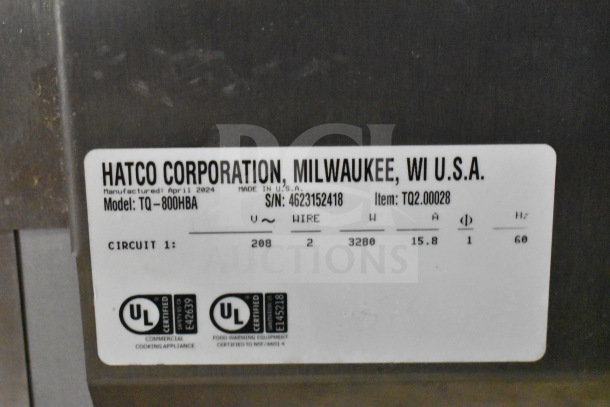 Hatco TQ-800HBA Commercial Conveyor Toaster Oven. Tag shows 208 volts, 1 phase, made in USA, with serial number.
