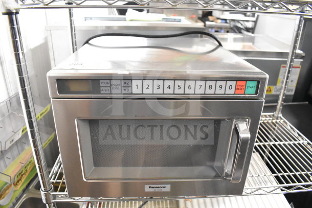 Panasonic NE-17523 commercial microwave oven, stainless steel, numeric keypad, 230 volts, countertop model.