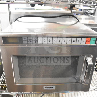 Panasonic NE-17523 commercial microwave oven, stainless steel, numeric keypad, 230 volts, countertop model.