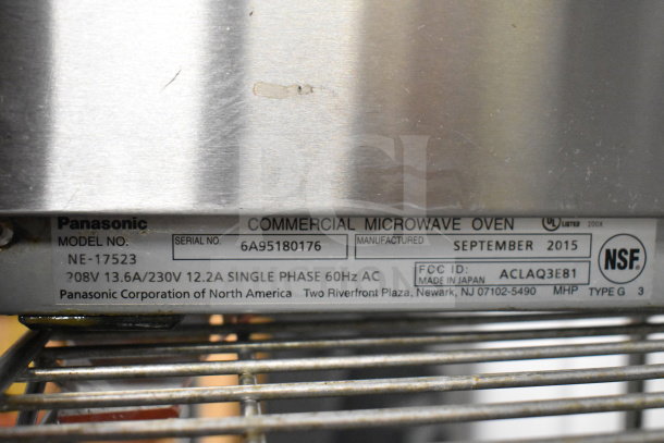 Panasonic NE-17523 commercial microwave, 230V, 1 phase. Serial: 6A95180176, manufactured September 2015, NSF certified.